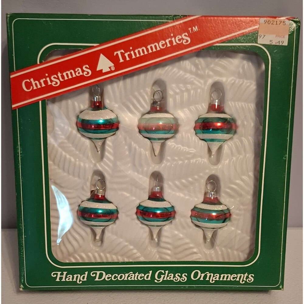 Vintage Bradford Christmas Trimmeries Glass Mini Ornaments Red Green White Set 6